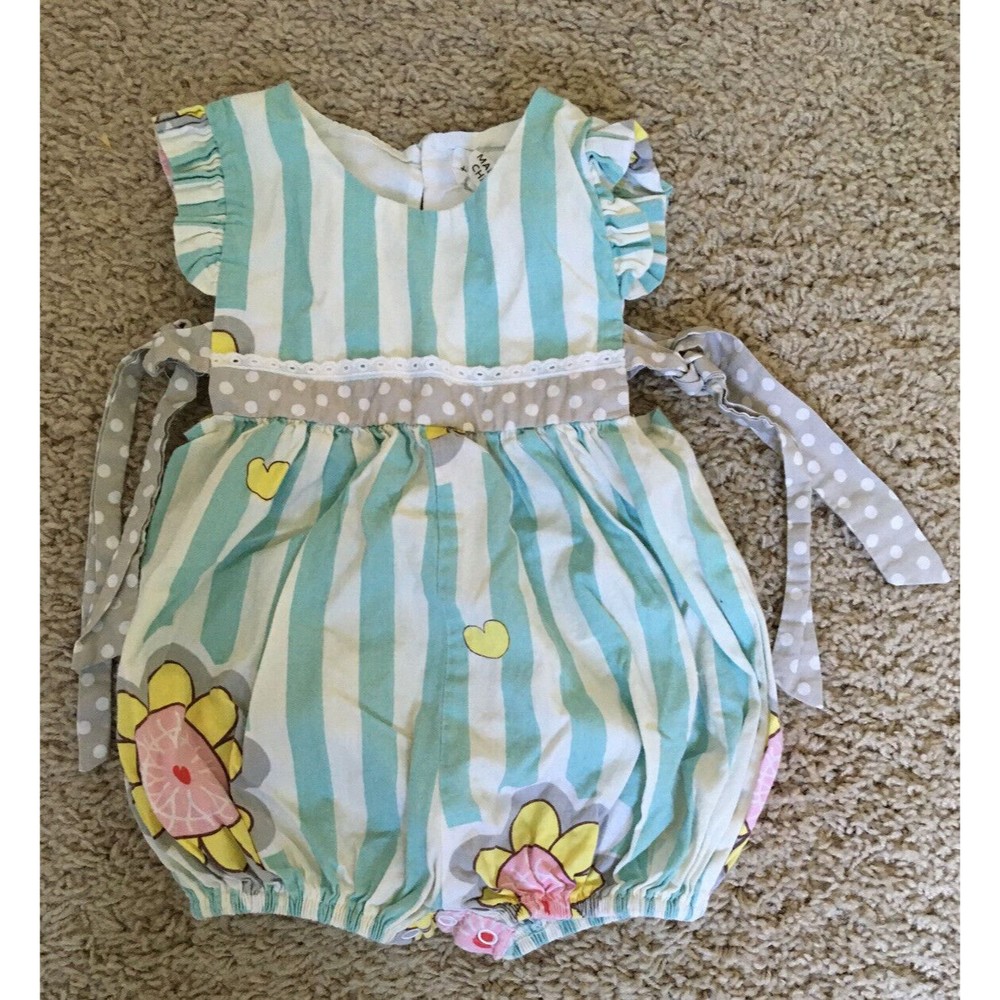 Tutu and Lulu Girls Blue Stripe Floral Romper Ruffles and Polka Dots 6-12 Months